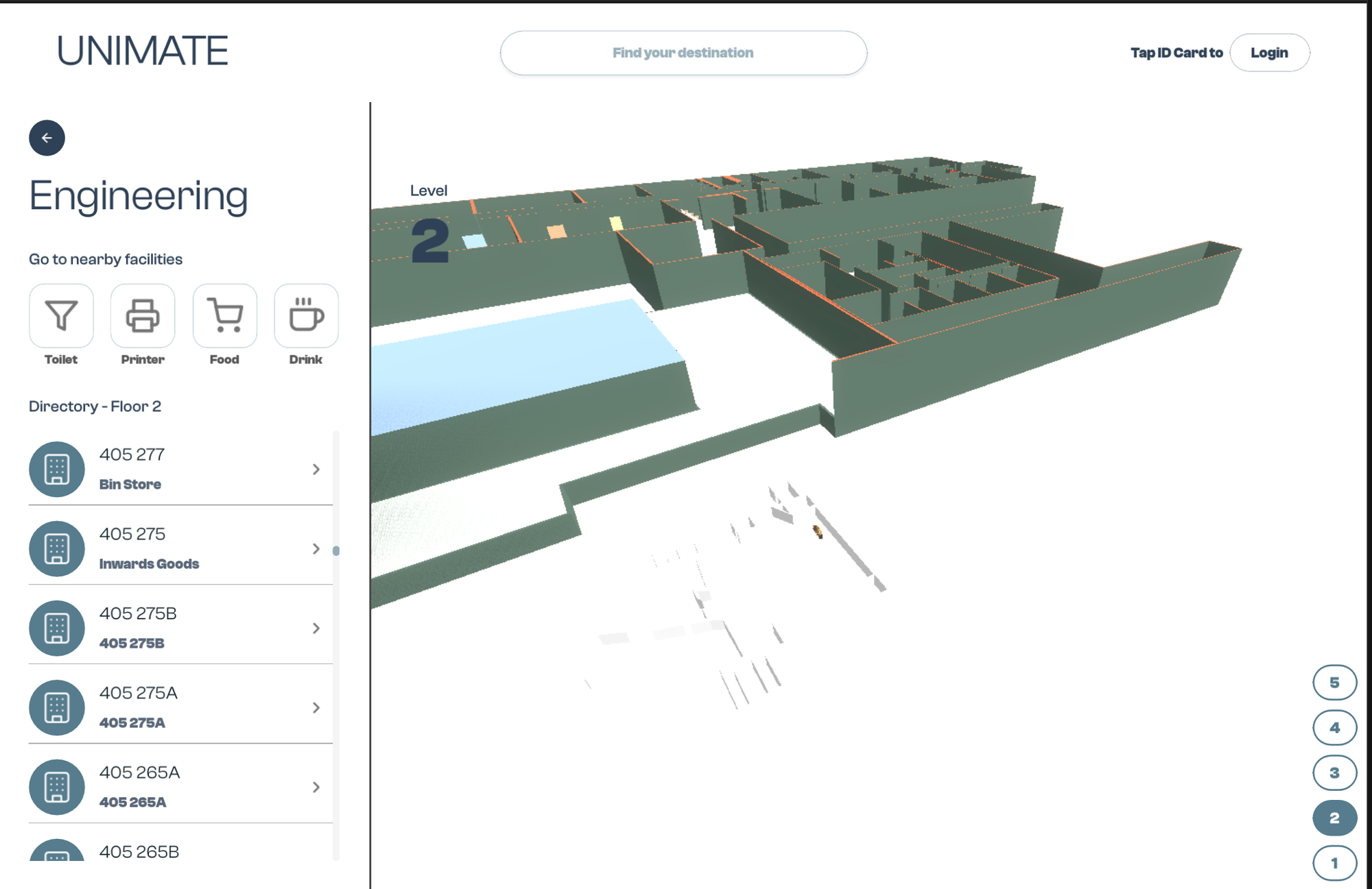 UNIMATE directory view showing live building rooms