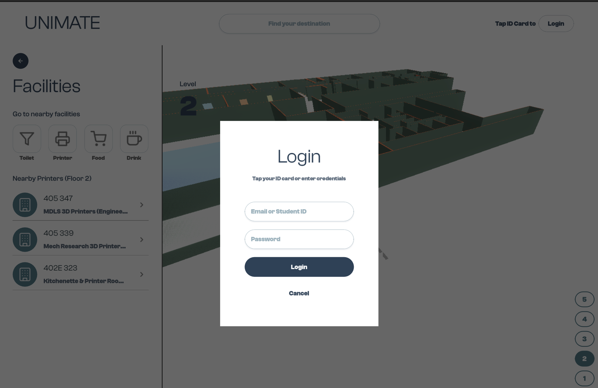 UNIMATE kiosk login screen with NFC tap prompt