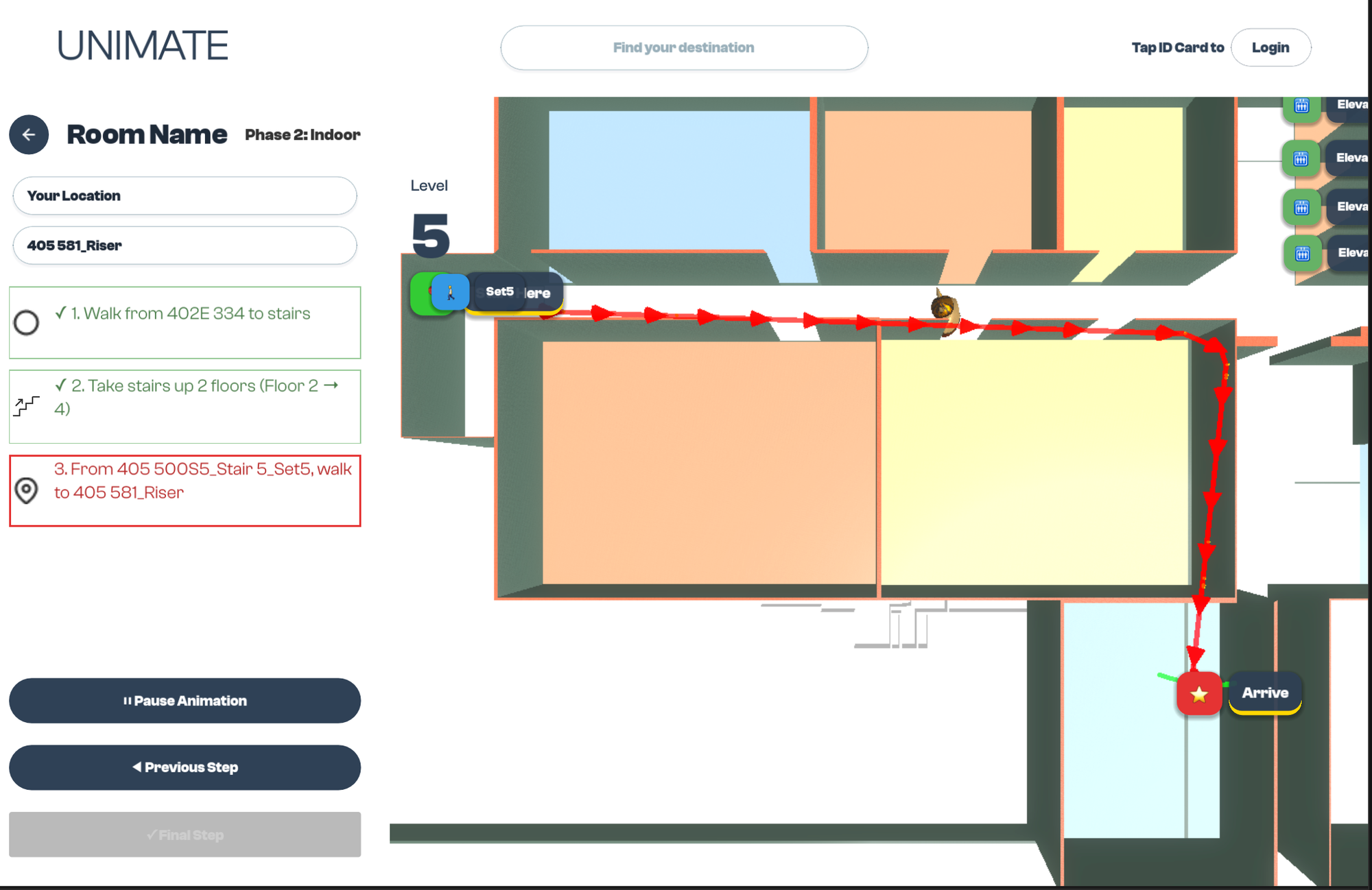 UNIMATE route final step on floor 5 arriving at destination room