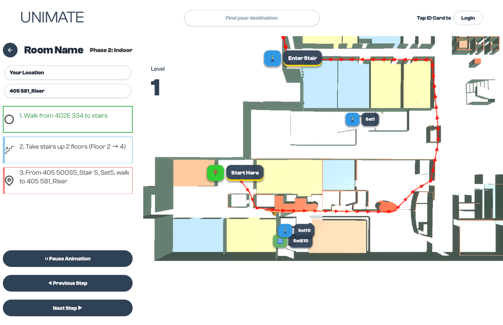UNIMATE route phase 1 on floor 1 with animated red path