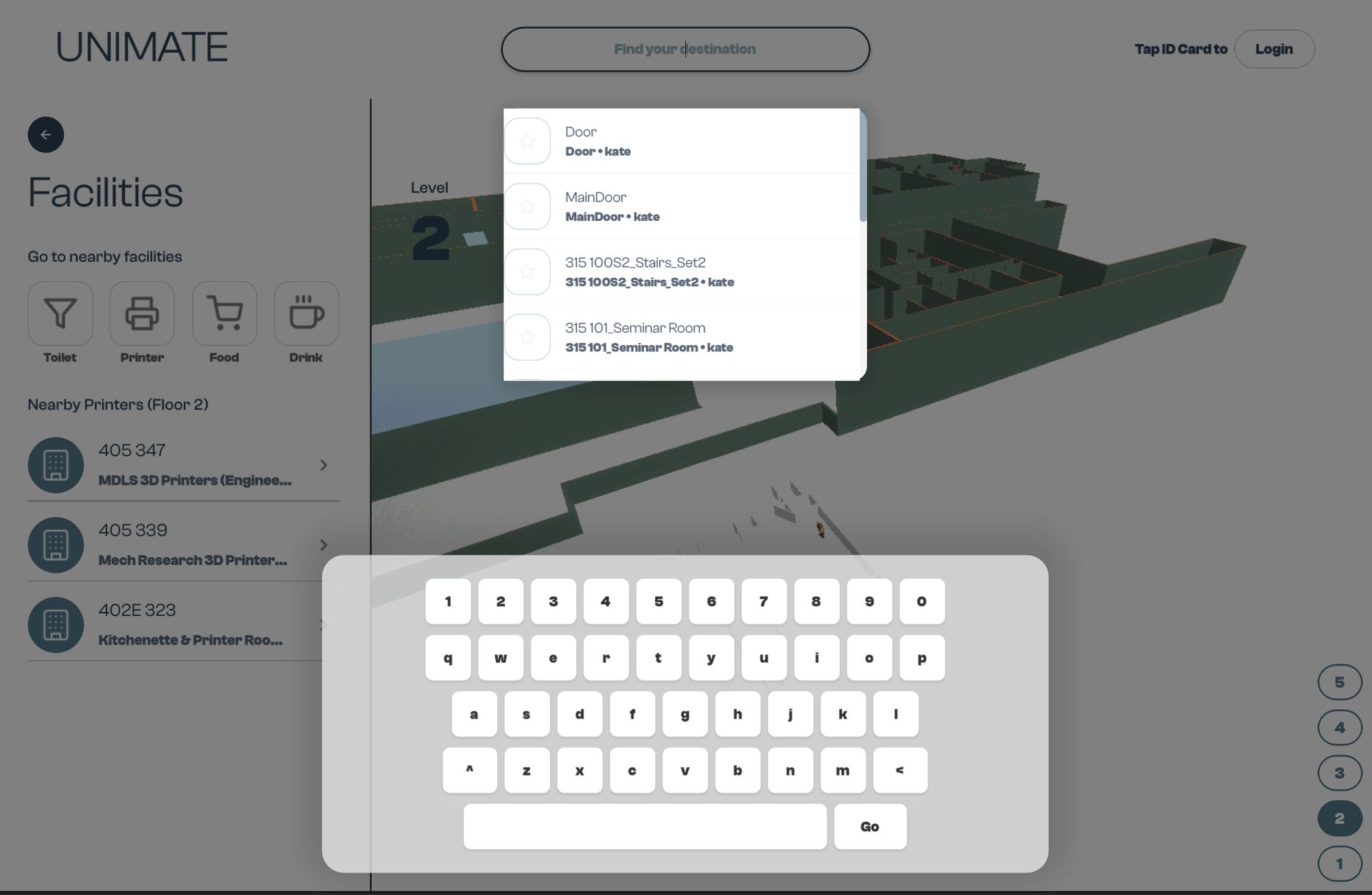 UNIMATE search screen with autocomplete dropdown and keyboard